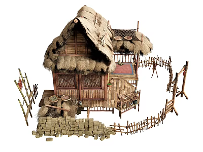 Traditional Wooden House With Thatched Roof Stone Wall And Wooden Fence 3d model