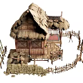 Traditional Wooden House With Thatched Roof Stone Wall And Wooden Fence