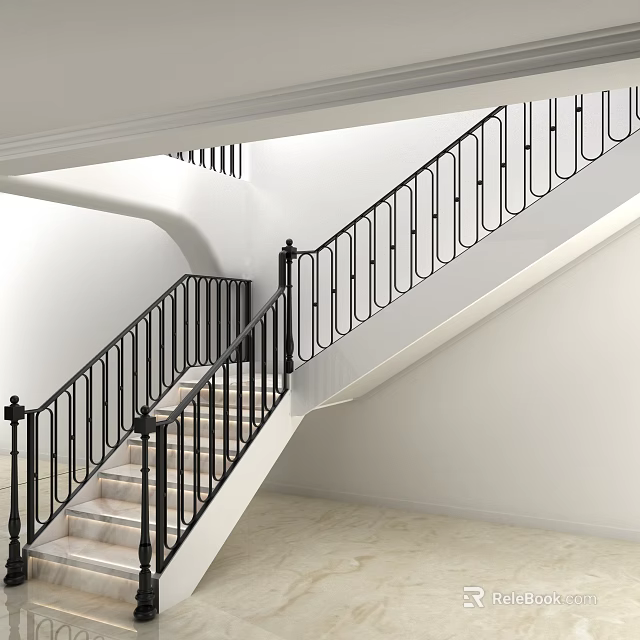 Wrought Iron Staircase Railing Indoor Classic Design With Light Colored Steps And White Walls 3d model 