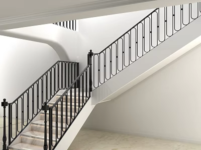 Wrought Iron Staircase Railing Indoor Classic Design With Light Colored Steps And White Walls 3d model