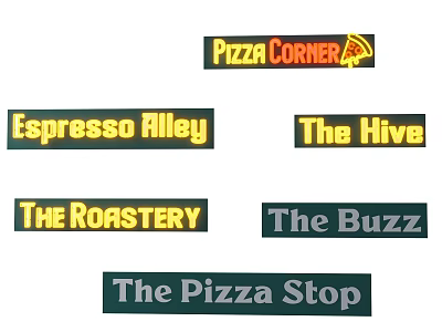 Colorful Commercial Billboard Featuring Pizza Corner Espresso Alley The Hive and Coffee Shop Signs 3d model