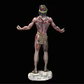 Tribal Style Game Movie Character With Chest Tattoos Headpiece And Stone Base Arms Outstretched
