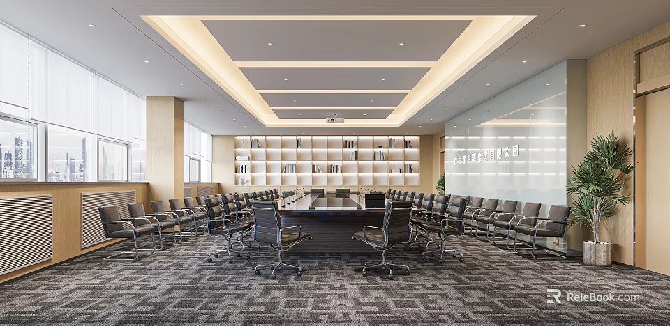 Modern Conference Room Interior With Long Table Multiple Chairs Bookshelves And Ceiling Lighting 3d model