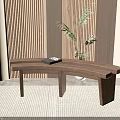 Modern Curved Wooden Single Chair with Woven Rug Wooden Wall and Green Plant
