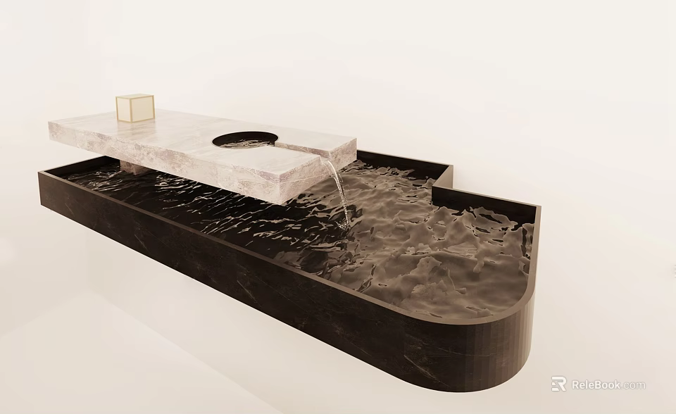 Water Fountain With Marble Countertop Square Object Circular Hole And Water Flowing Into Black Basin 3d model 