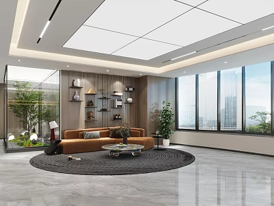 Modern Lounge Area Interior Design With Brown Sofa Round Rug Green Plants And City View 3d model