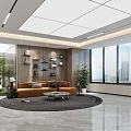 Modern Lounge Area Interior Design With Brown Sofa Round Rug Green Plants And City View