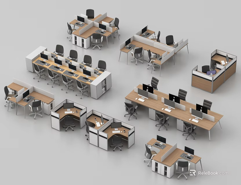Modern Office Desk And Chair Combination Designs With Multiple Workstation Layouts And Computers 3d model 