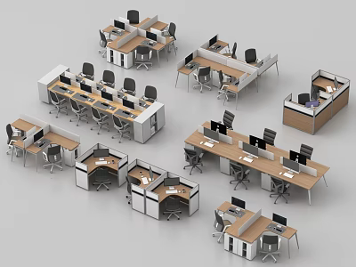 Modern Office Desk And Chair Combination Designs With Multiple Workstation Layouts And Computers 3d model