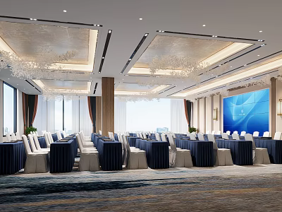 Modern Conference Room Interior With Large Windows Chandeliers Dark Tablecloth Tables And Large Screen 3d model