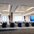 Modern Conference Room Interior With Large Windows Chandeliers Dark Tablecloth Tables And Large Screen