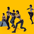 Women in Combat Outfits Holding Weapons Multiple Animated Characters with Diverse Poses on Yellow Background