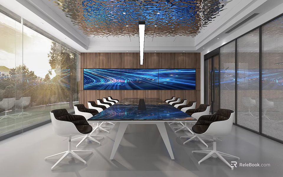 Modern Conference Room Interior With Long Table Comfortable Chairs And Large Screen 3d model 