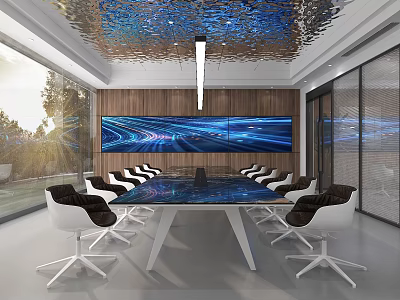 Modern Conference Room Interior With Long Table Comfortable Chairs And Large Screen 3d model