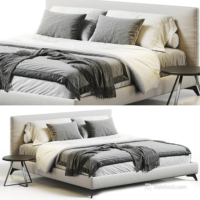 Modern Double Bed Design With Gray White Bedding Pillows And Wooden Nightstand 3d model 