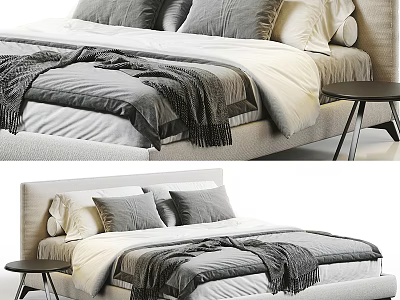 Modern Double Bed Design With Gray White Bedding Pillows And Wooden Nightstand 3d model