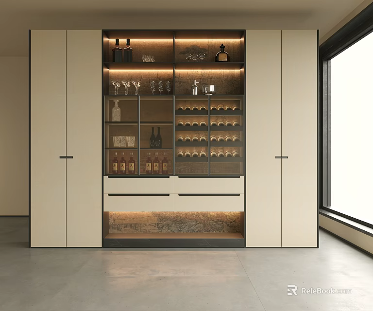 Modern Interior Wine Cabinet With Glass Door Wine Bottles And Glass Holders 3d model 