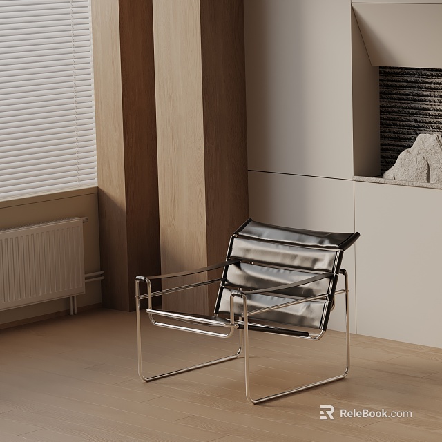 Modern Leisure Chair With Metal Frame Leather Seat And Wooden Wall Window Blinds 3d model 