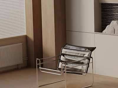 Modern Leisure Chair With Metal Frame Leather Seat And Wooden Wall Window Blinds 3d model