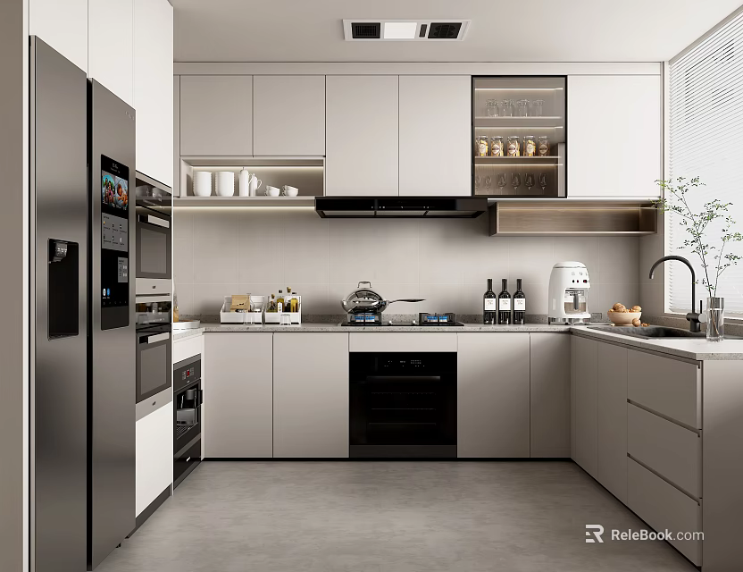 Modern Kitchen Interior with White Cabinets Stainless Steel Appliances and Glass Cabinet 3d model 