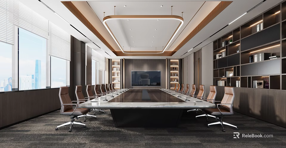 Modern Conference Room Interior With Long Table Comfortable Chairs Bookshelves And Large Screen 3d model 