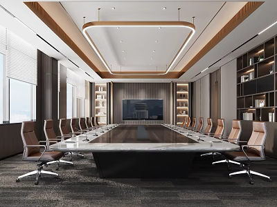 Modern Conference Room Interior With Long Table Comfortable Chairs Bookshelves And Large Screen 3d model