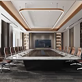 Modern Conference Room Interior With Long Table Comfortable Chairs Bookshelves And Large Screen