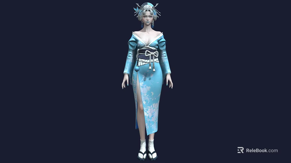 Woman In Blue Kimono With Floral Patterns And Black Obi Belt Standing Against Dark Background 3d model 
