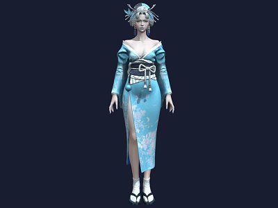 Woman In Blue Kimono With Floral Patterns And Black Obi Belt Standing Against Dark Background 3d model