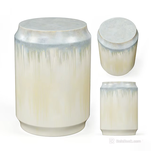 Cylindrical Ceramic Dining Table in Creamy White with Blue Drip Effect Smooth Surface Modern Design 3d model 
