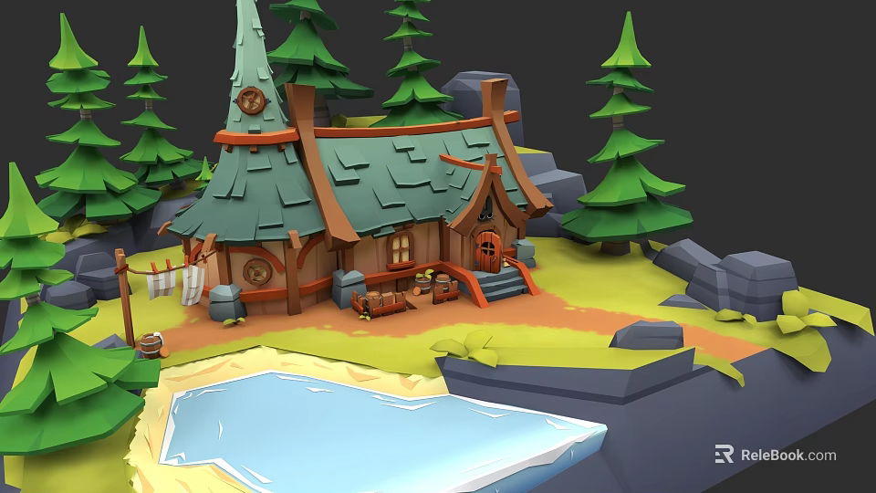 Fairy Tale Detached Villa with Pine Trees Small Lake Green Lawn and Wooden Barrels 3d model 