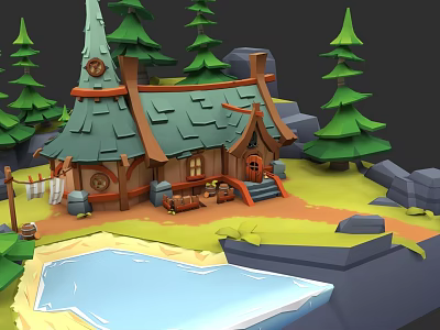Fairy Tale Detached Villa with Pine Trees Small Lake Green Lawn and Wooden Barrels 3d model