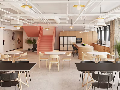 Modern Break Area With Tables Chairs Kitchen And Decorative Elements 3d model