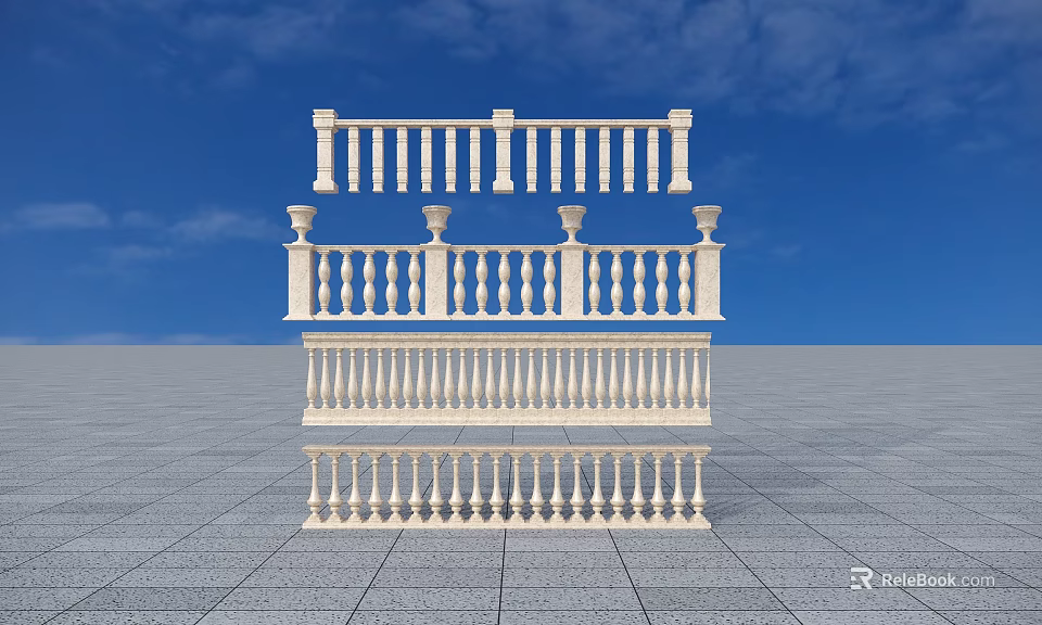 Elegant White Stone Railings With Ornate Balusters And Classical Pillars Against Blue Sky 3d model 