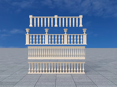 Elegant White Stone Railings With Ornate Balusters And Classical Pillars Against Blue Sky 3d model