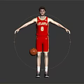 Man in Red Atlanta Basketball Jersey with Number 8 Standing by Basketball