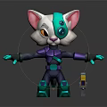 Mechanical Cat Character With Cybernetic Eye And Purple Blue Armor Holding Yellow Tool