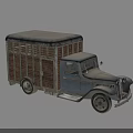 Vintage Old Truck With Wooden Cargo Bed And Farmer Leading Cow Nearby