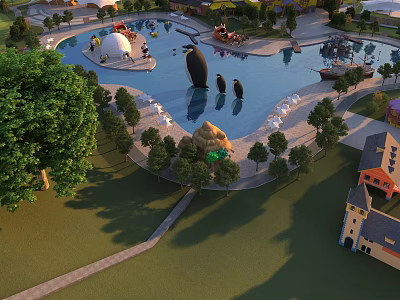 Amusement Park Featuring Large Pool Penguin Statues Trees Colorful Buildings and People 3d model