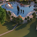 Amusement Park Featuring Large Pool Penguin Statues Trees Colorful Buildings and People