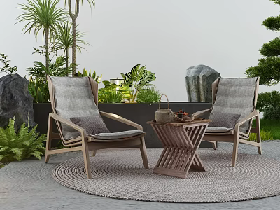 Outdoor Table and Chair Set with Plants Stones and Round Woven Rug 3d model