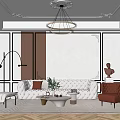 Elegant Modern Living Room Interior With Plush White Sofa Orange Armchair And Circular Pendant Light