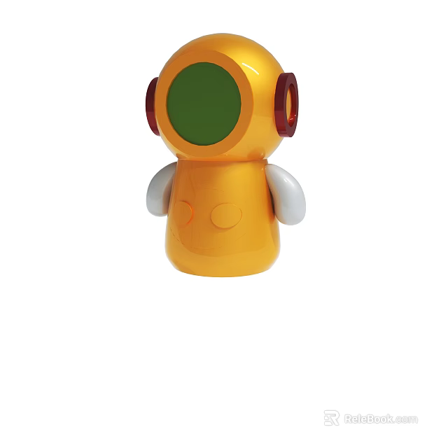 Yellow Toy Robot With Green Round Eyes Red Ears And White Arms 3d model 