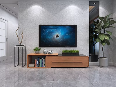 Modern Wooden TV Stand With Decorations Green Plant And Ambient Lighting On Marble Floor 3d model