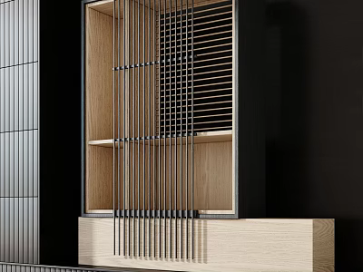 Modern Storage Shelf Featuring Wooden Frame Black Vertical Slats And Open Design For Interior 3d model