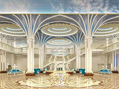 Luxurious Hotel Lobby With Ornate Ceiling White Columns Crystal Chandelier And Blue Sofas 3d model