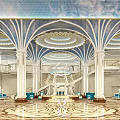 Luxurious Hotel Lobby With Ornate Ceiling White Columns Crystal Chandelier And Blue Sofas