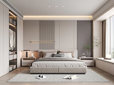 Modern Bedroom Interior With King Size Bed Striped Wall Area Rug And Warm Lighting 3d model