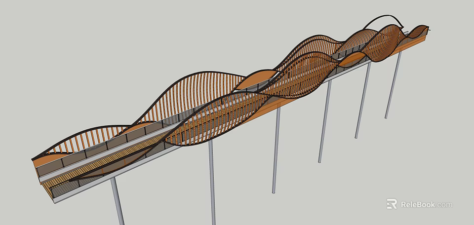 Modern Wavy Wooden Landscape Bridge Structure With Supporting Pillars Design 3d model 