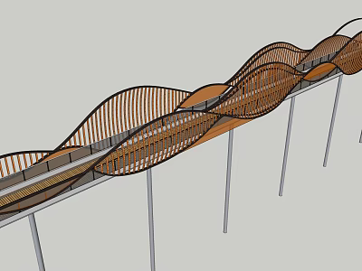 Modern Wavy Wooden Landscape Bridge Structure With Supporting Pillars Design 3d model
